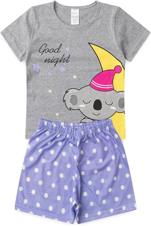 Pijama Feminino Verão Coala Bolinha Cinza