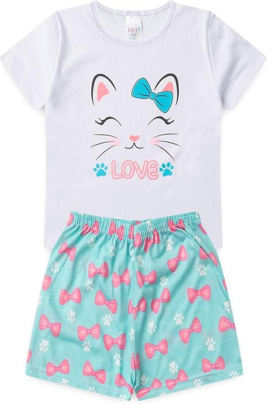 Pijama Feminino Verão Gato Laço Branco