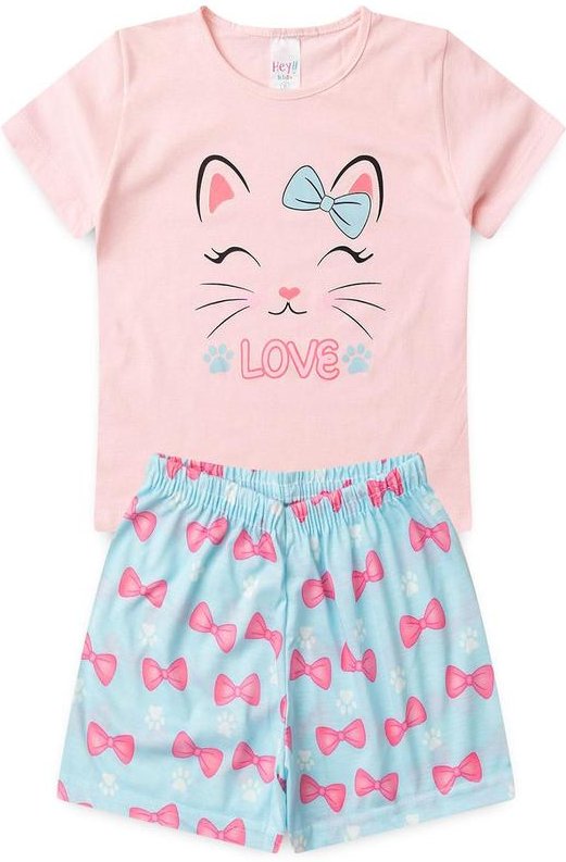 Pijama Feminino Verão Gato Laço Rosa