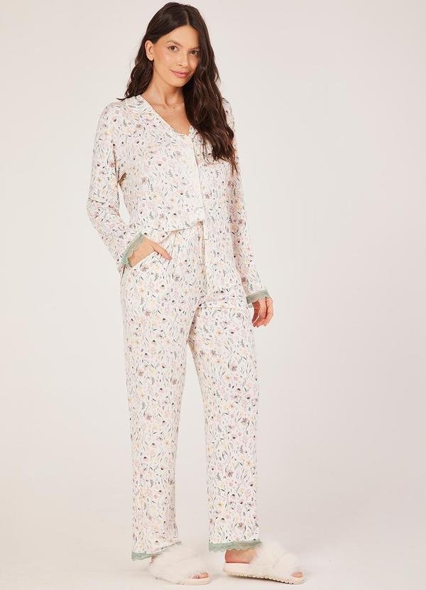 Camisaria Longo Detalhes em Renda Estampado