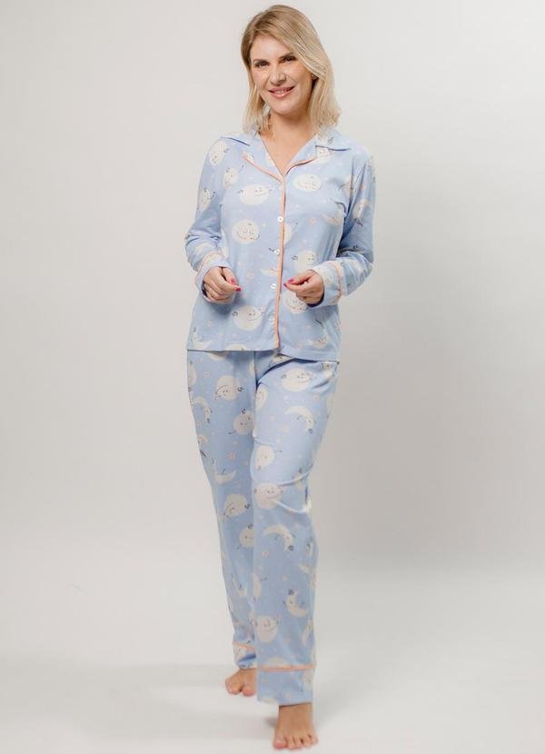 Pijama Americano Algodão Longo Lua Azul Azul