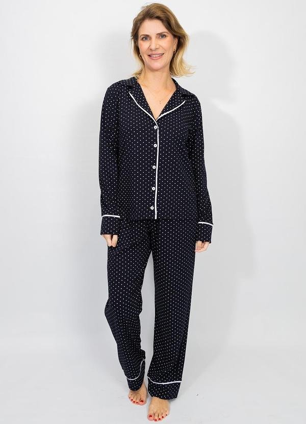 Pijama Americano Longo Algodão Filete Poá Preto