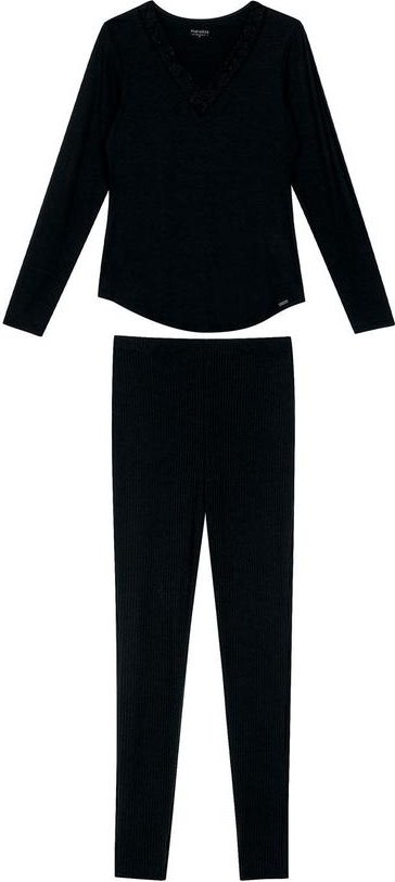 Pijama Feminino Longo com Renda Preto