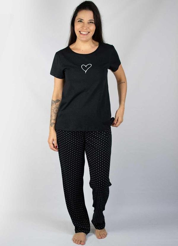 Pijama Manga Curta Algodão Coração Preto