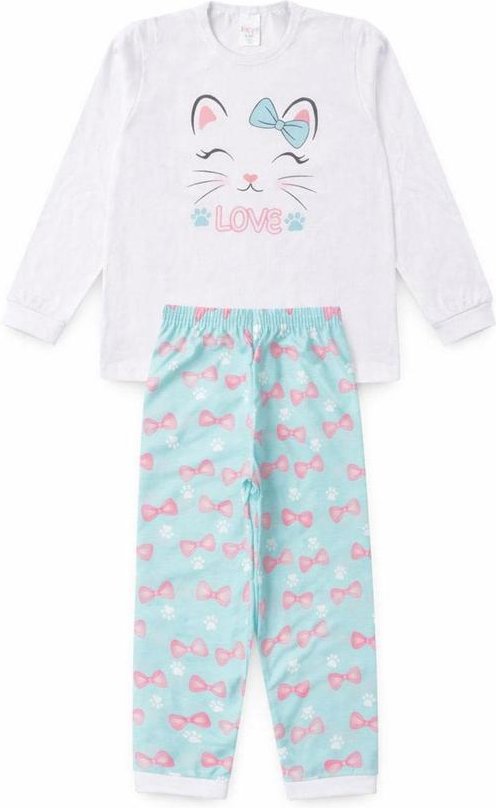 Pijama Feminino Inverno Gatinha Coração Branco