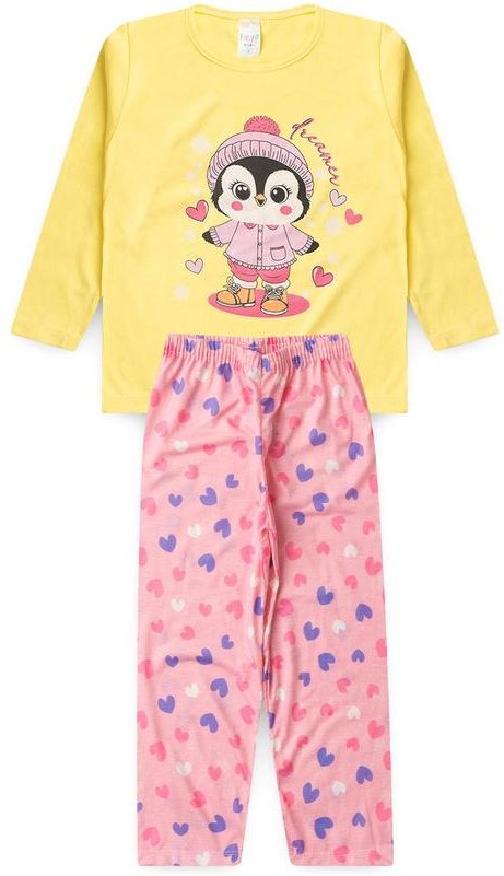 Pijama Feminino Inverno Pinguim Amarelo