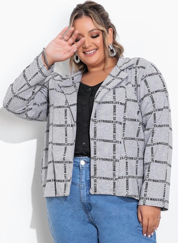 Blazer Mescla com Mangas Longas Plus Size