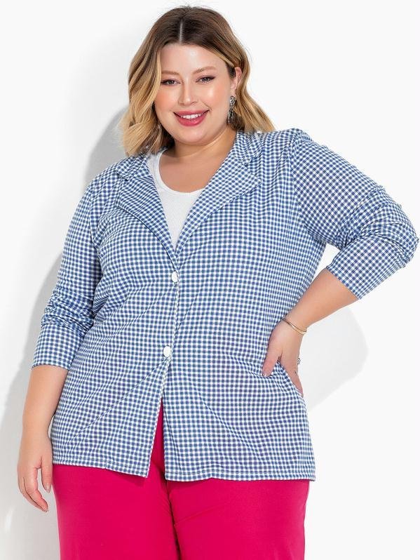 Blazer Xadrez Vichy Azul com Botões Plus Size