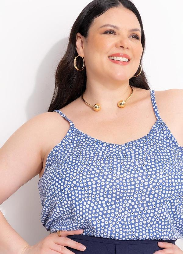 Blusa Floral Azul em Malha de Poliéster