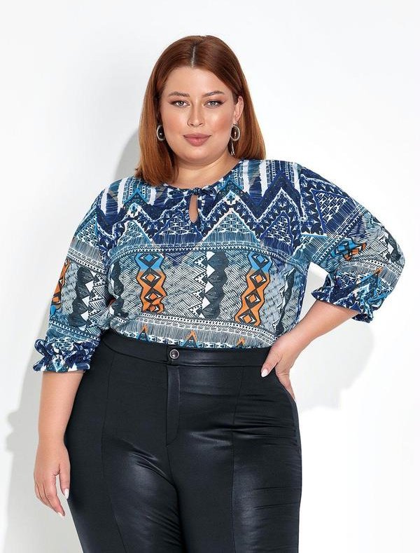 Imagem principal Blusa Étnica Azul Amarração no Decote Plus Size Marguerite Marguerite