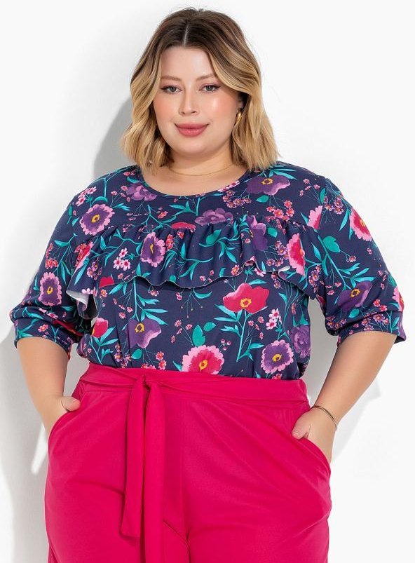 Imagem principal Blusa Floral Marinho com Babado Plus Size Marguerite Marguerite