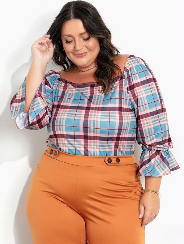 Imagem principal Blusa Xadrez Marrom com Babado Plus Size Marguerite Marguerite