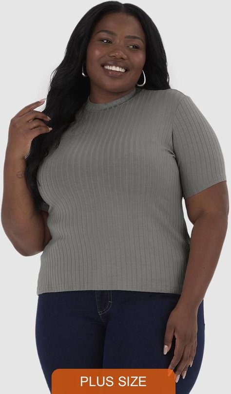 Blusa Justa Canelada Feminina Plus Cinza