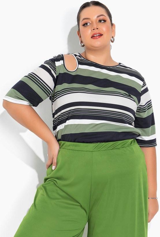 Imagem principal Blusa Listras Verde com Recorte Vazado Plus Size Marguerite Marguerite