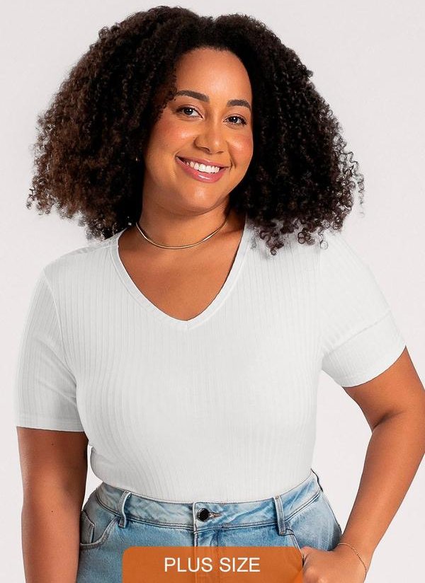 Imagem principal Blusa Plus Size Decote V em Canelado Branco Cativa Cativa