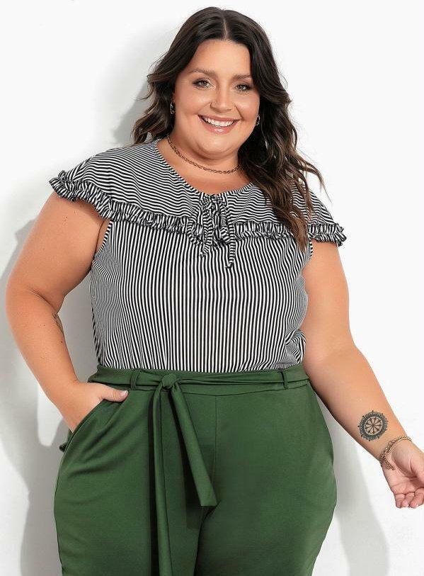 Imagem principal Blusa Listras Preta com Babadinho Plus Size Marguerite Marguerite