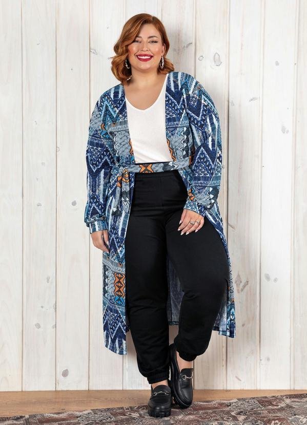 Cardigan Étnico Azul Mangas Bufantes Plus Size