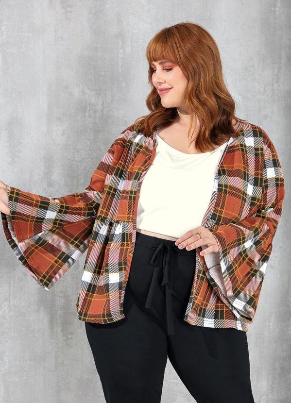 Cardigan Xadrez com Mangas Sino Plus Size