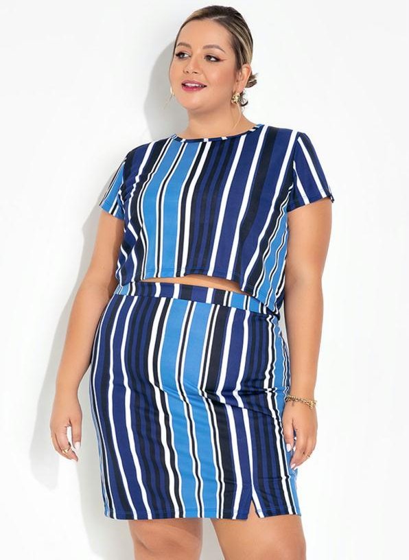 Conjunto Listras Azul Blusa e Saia Plus Size