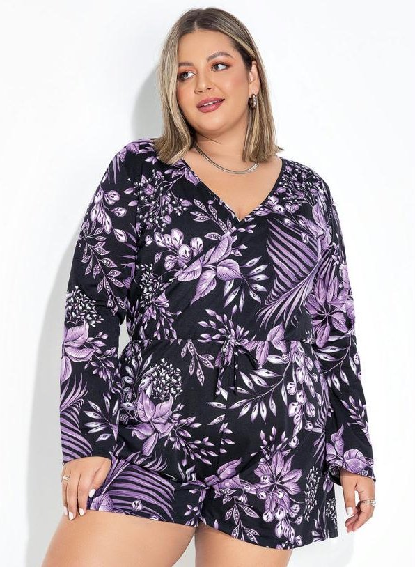 Macaquinho Folhas Roxo Transpassado Plus Size