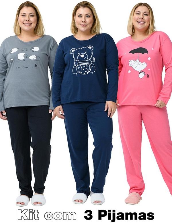 Kit com 3 Pijamas Inverno Plus Size Multicores