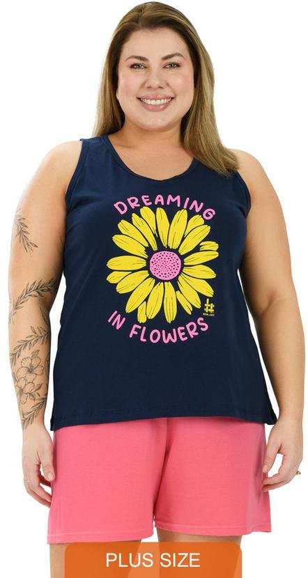 Pijama Curve Plus Size de Algodão Girassol Azul