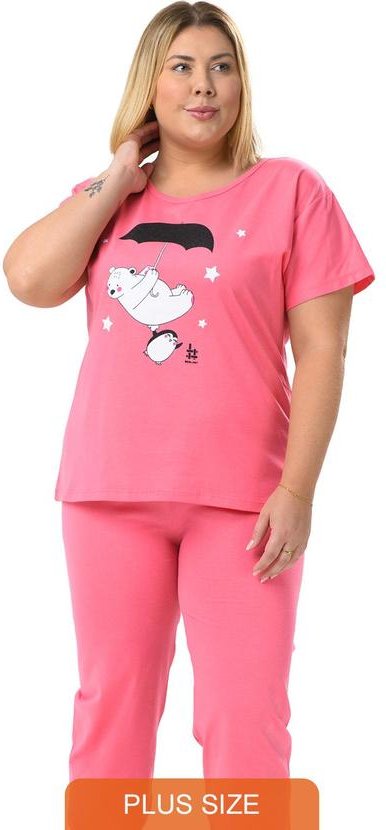 Pijama Pescador Plus Size de Algodão UrsinhoRosa