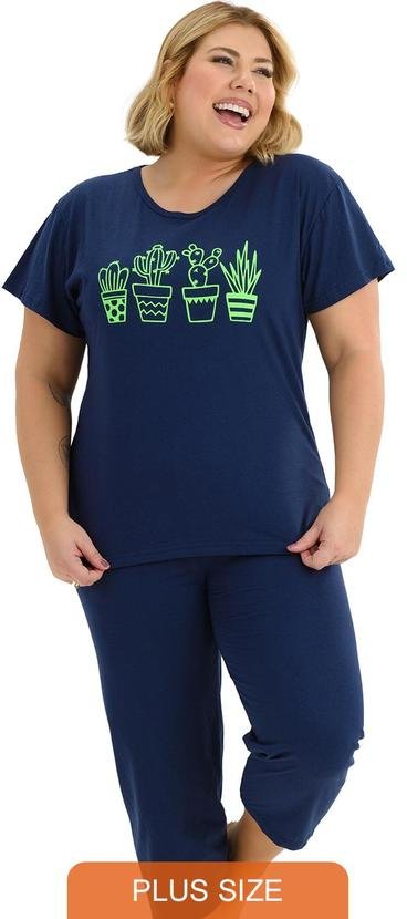 Pijama Pescador Plus Size Suculentas Azul