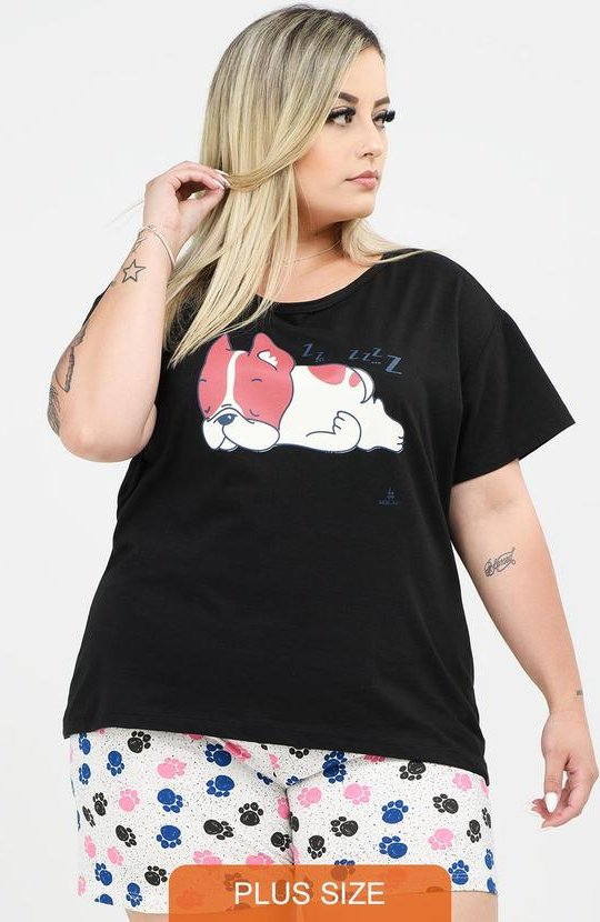 Pijama Plus Size Cachorrinho Estampado Preto