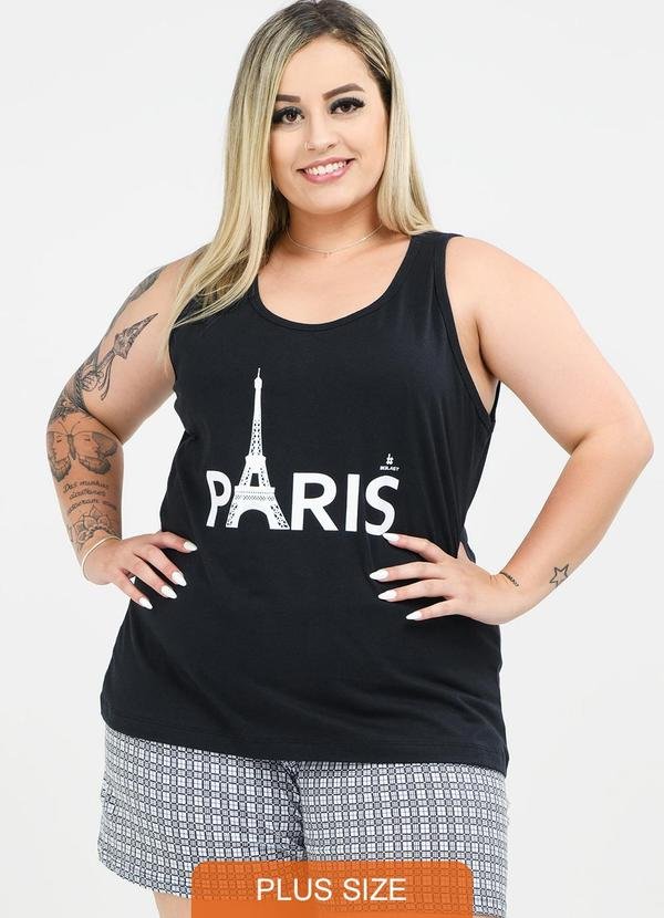 Pijama Plus Size de Algodão Paris EstampadoPreto