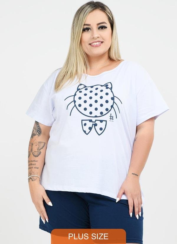 Pijama Plus Size Gatinho Bolinha Branco