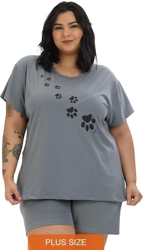 Pijama Verão Plus Size de Algodão Patinhas Cinza