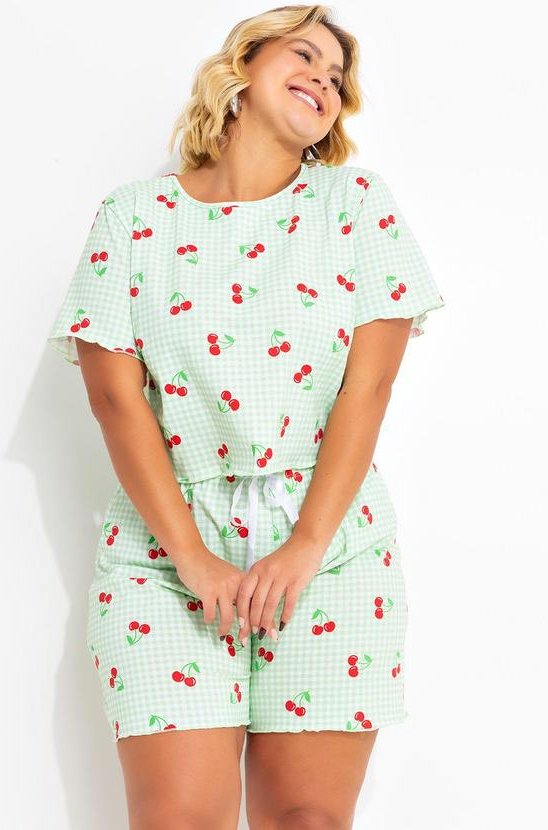 Pijama Xadrez com Cereja em Malha de Algodão