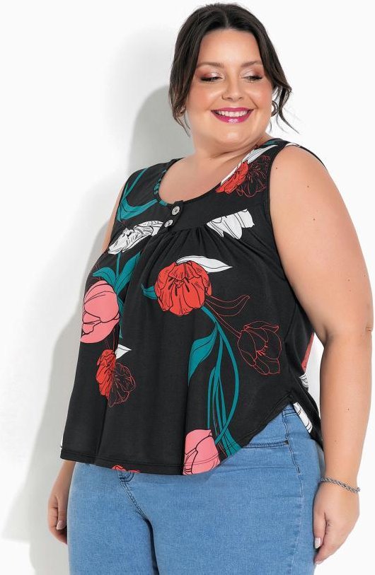 Imagem principal Regata Floral Preta com Franzido Plus Size Marguerite Marguerite