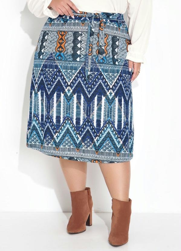Saia Étnica Azul com Faixa na Cintura Plus Size