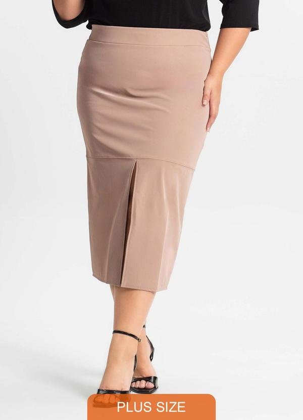 Saia Midi Plus Size com Fenda Marrom