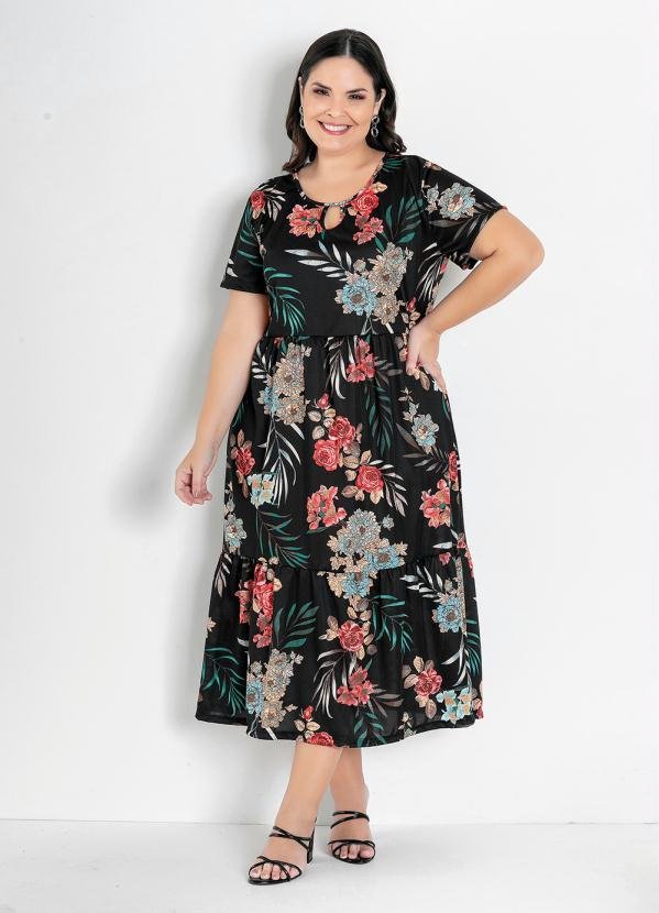 Imagem principal Vestido Floral Preto com Franzidos Plus Size Marguerite Marguerite