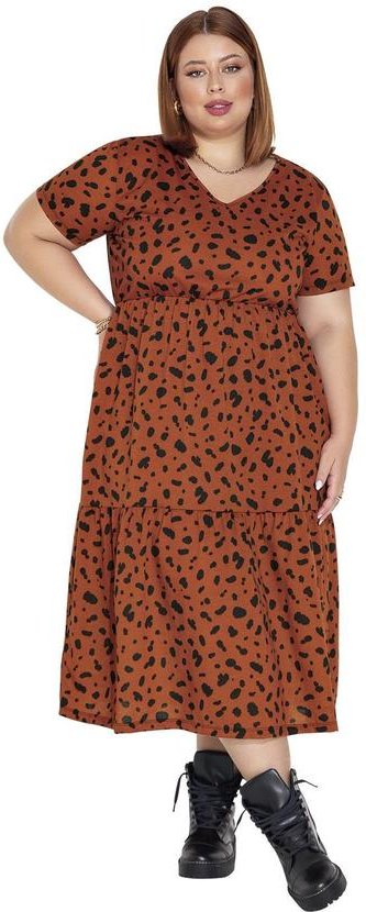 Vestido Midi Animal Print com Babados Plus Size