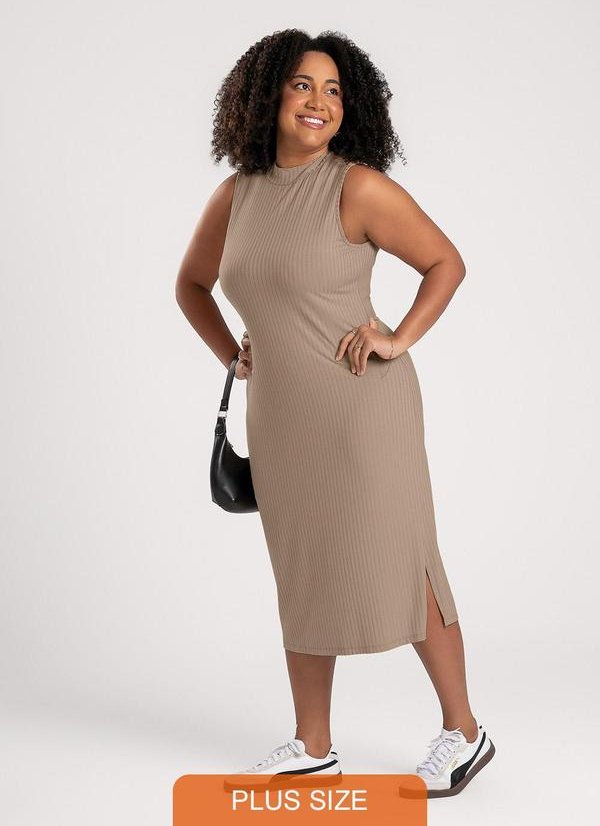 Imagem principal Vestido Plus Size Midi em Canelado Marrom Claro Cativa Cativa