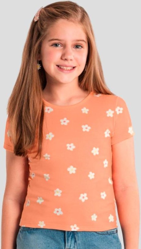 Blusa Menina de Flores em Meia Malha Laranja