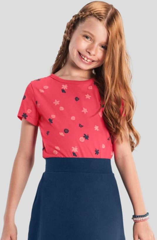 Blusa Menina de Flores em Meia Malha Vermelho