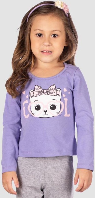 Blusa Cotton Estampa Gatinho Básica Menina Roxo