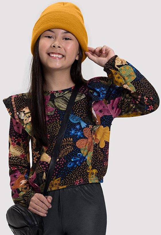 Blusa Cropped Infantil Menina Estampada com Babado Preto