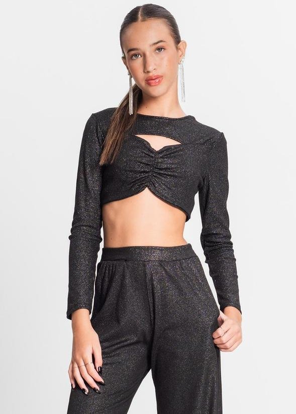 Blusa Juvenil Feminina em Ribana Canelada Preto