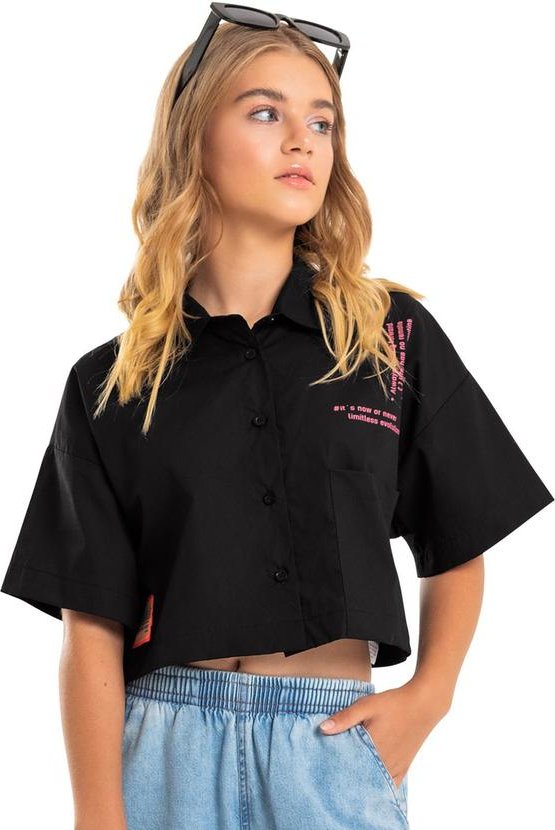 Imagem principal Camisa Cropped Juvenil em Tricoline Preto Gloss Gloss