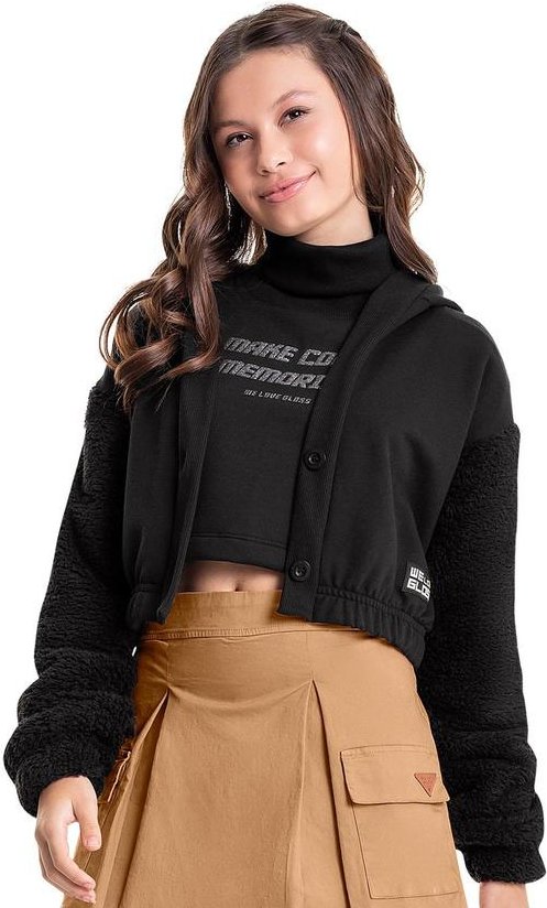 Imagem principal Casaco Cropped em Moletom Juvenil Preto Gloss Gloss