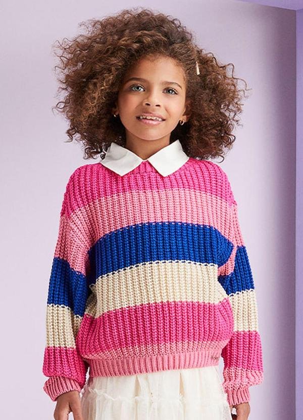 Casaco de Tricot Listrado Rosa