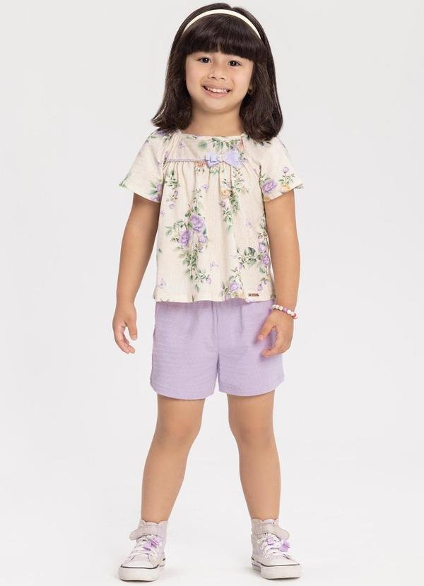 Imagem principal Conjunto com Blusa Estampada e Shorts Liso Bege Alakazoo Alakazoo