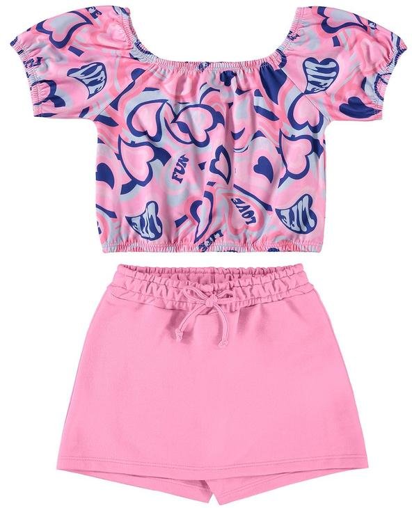 Conjunto com Cropped e Short-Saia Rosa