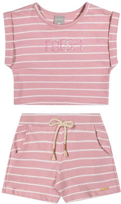 Conjunto Infantil Menina Moletinho Listrado Rosa